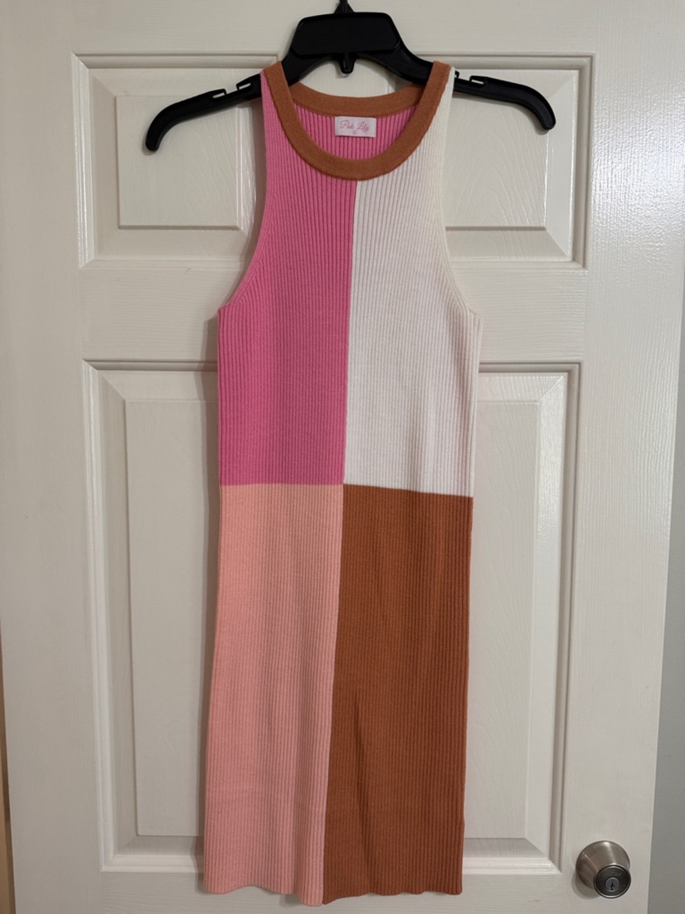 Pink Lilly Colorblock Ribbed Tank Dress - Pink/Peach/White/Brown -